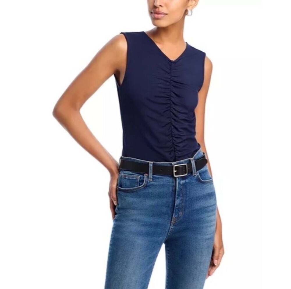 Veronica Beard Navy Sleeveless Ruched Tank Top